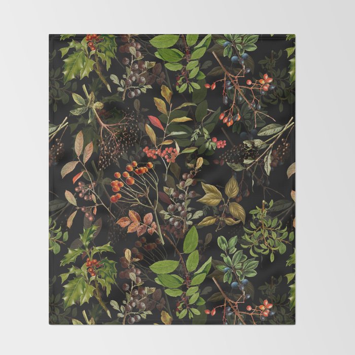 Vintage & Shabby Chic - vintage botanical wildflowers and berries on black Throw Blanket Gallery Image 2