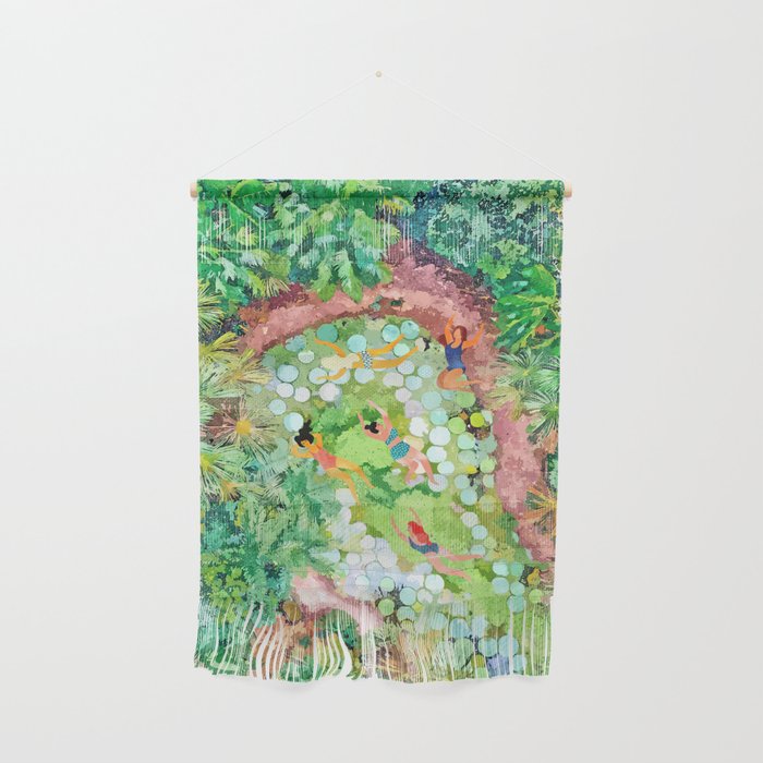Tropical Vacay | Rainforest Jungle Botanical Lush Nature | Summer Lake People Swim | Boho Painting Wall Hanging Gallery Image 1