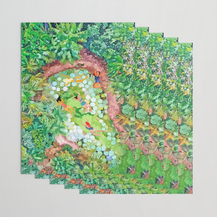 Tropical Vacay | Rainforest Jungle Botanical Lush Nature | Summer Lake People Swim | Boho Painting Wrapping Paper Gallery Image 3