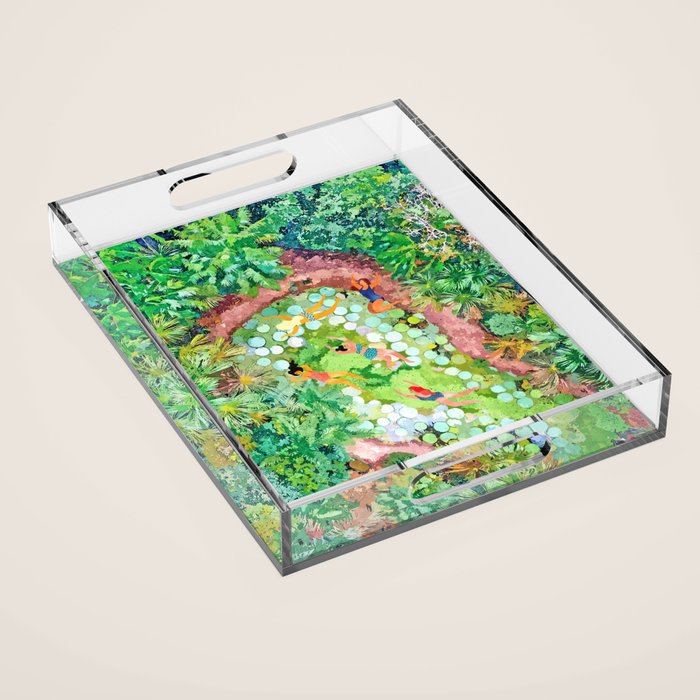 Tropical Vacay | Rainforest Jungle Botanical Lush Nature | Summer Lake People Swim | Boho Painting Acrylic Tray Gallery Image 1