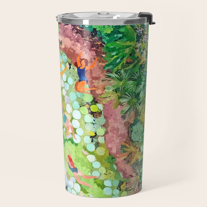 Tropical Vacay | Rainforest Jungle Botanical Lush Nature | Summer Lake People Swim | Boho Painting Travel Mug Gallery Image 2