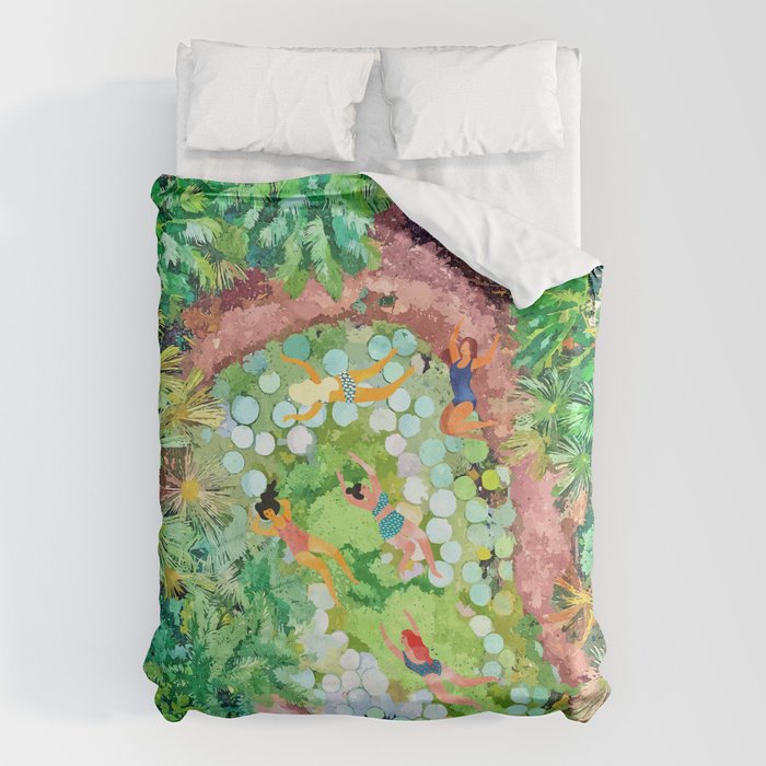 Tropical Vacay | Rainforest Jungle Botanical Lush Nature | Summer Lake People Swim | Boho Painting Duvet Cover Gallery Image 6