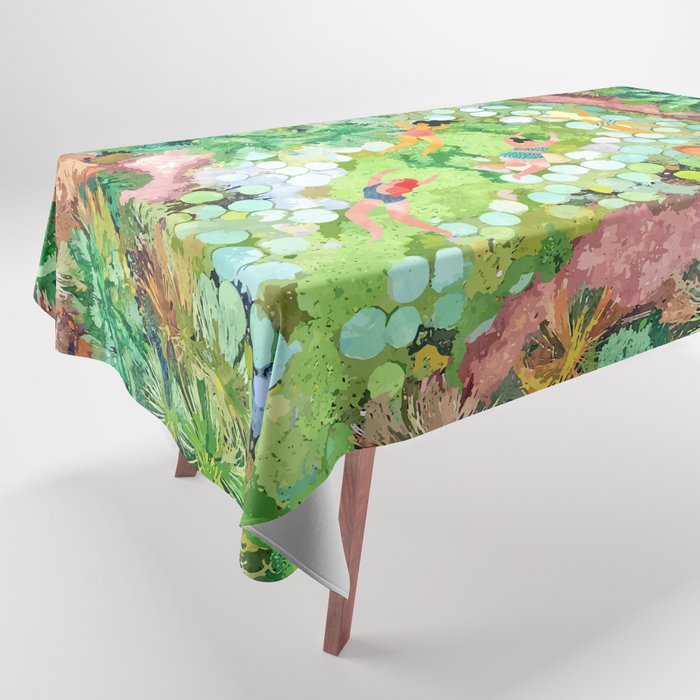 Tropical Vacay | Rainforest Jungle Botanical Lush Nature | Summer Lake People Swim | Boho Painting Tablecloth Gallery Image 1