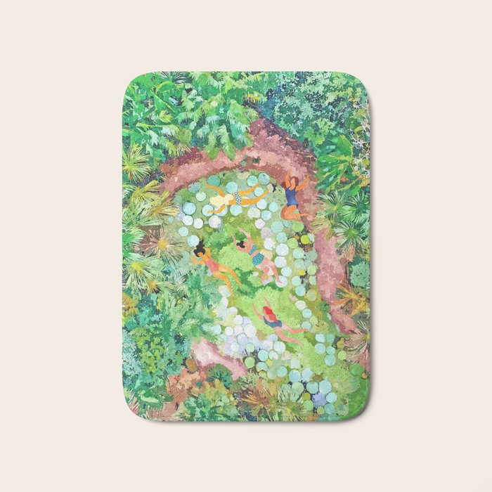 Tropical Vacay | Rainforest Jungle Botanical Lush Nature | Summer Lake People Swim | Boho Painting Bath Mat Gallery Image 1