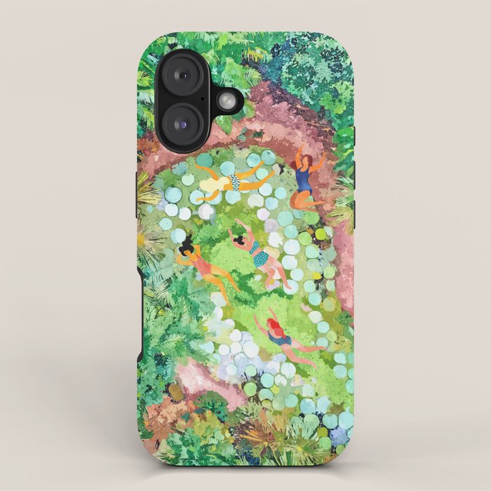 Tropical Vacay | Rainforest Jungle Botanical Lush Nature | Summer Lake People Swim | Boho Painting iPhone Case Gallery Image 1
