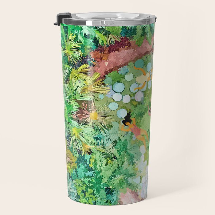 Tropical Vacay | Rainforest Jungle Botanical Lush Nature | Summer Lake People Swim | Boho Painting Travel Mug Gallery Image 3