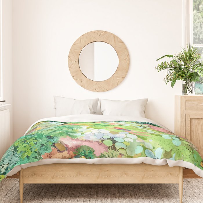 Tropical Vacay | Rainforest Jungle Botanical Lush Nature | Summer Lake People Swim | Boho Painting Duvet Cover Gallery Image 3