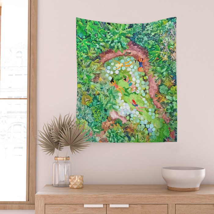 Tropical Vacay | Rainforest Jungle Botanical Lush Nature | Summer Lake People Swim | Boho Painting Wall Tapestry Gallery Image 2