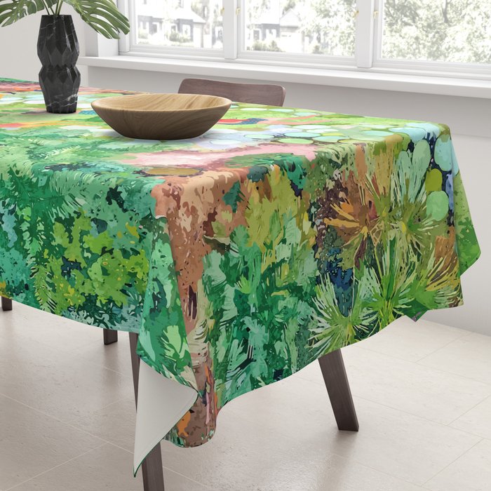Tropical Vacay | Rainforest Jungle Botanical Lush Nature | Summer Lake People Swim | Boho Painting Tablecloth Gallery Image 3