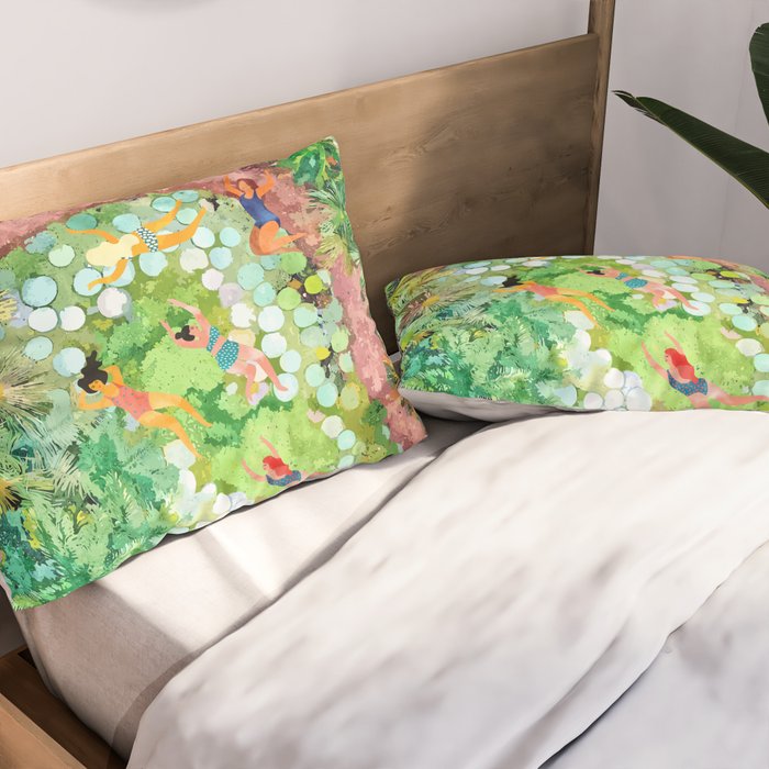 Tropical Vacay | Rainforest Jungle Botanical Lush Nature | Summer Lake People Swim | Boho Painting Pillow Sham Gallery Image 2