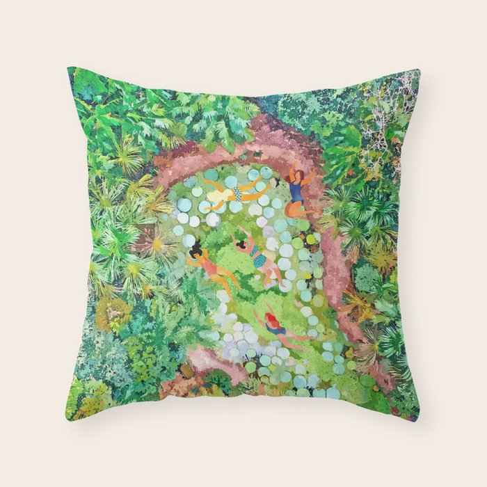 Tropical Vacay | Rainforest Jungle Botanical Lush Nature | Summer Lake People Swim | Boho Painting Throw Pillow Gallery Image 6