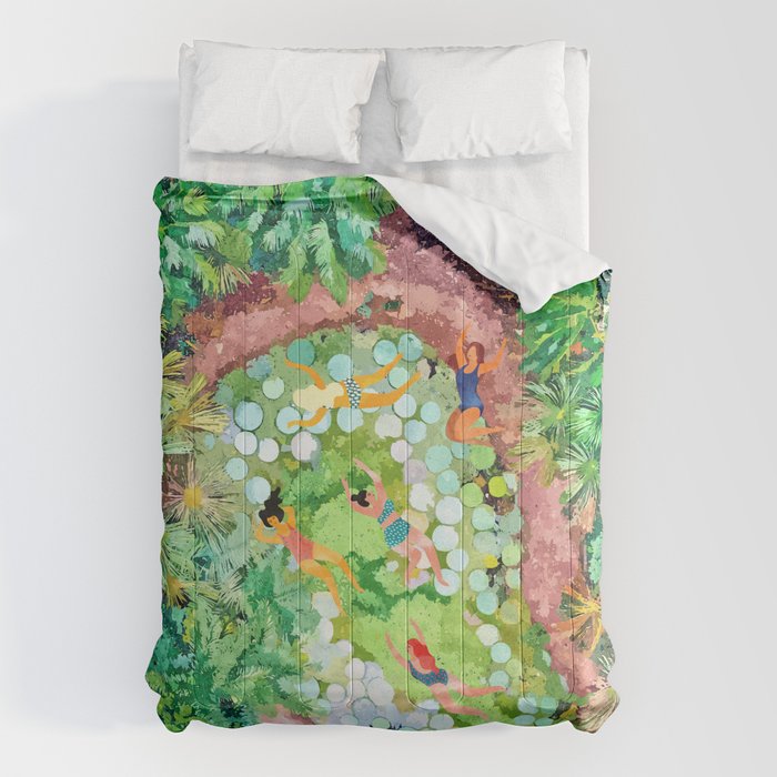 Tropical Vacay | Rainforest Jungle Botanical Lush Nature | Summer Lake People Swim | Boho Painting Comforter Gallery Image 6