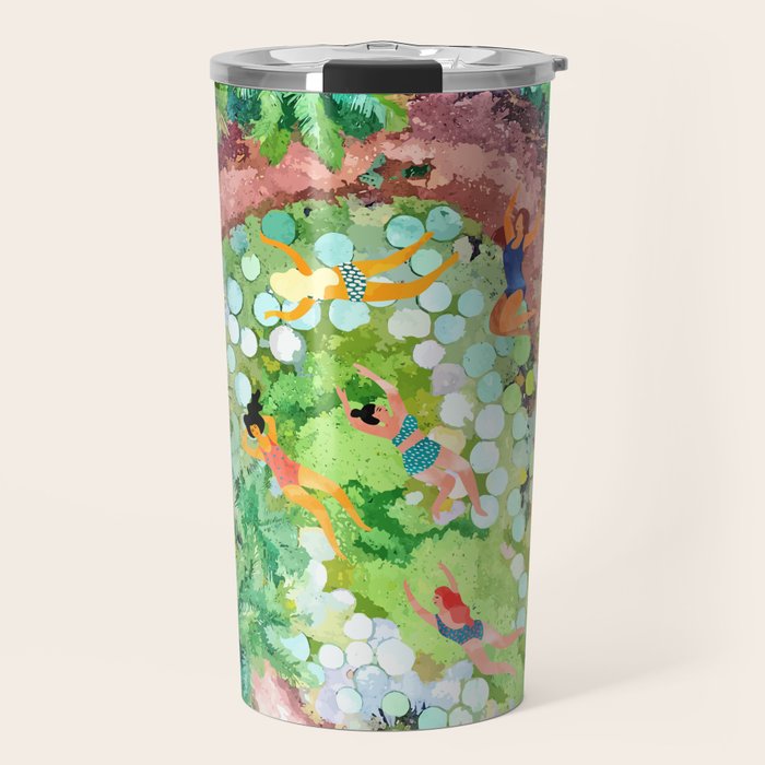 Tropical Vacay | Rainforest Jungle Botanical Lush Nature | Summer Lake People Swim | Boho Painting Travel Mug Gallery Image 1
