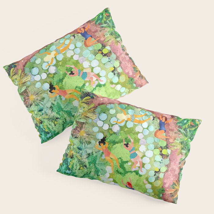 Tropical Vacay | Rainforest Jungle Botanical Lush Nature | Summer Lake People Swim | Boho Painting Pillow Sham Gallery Image 3