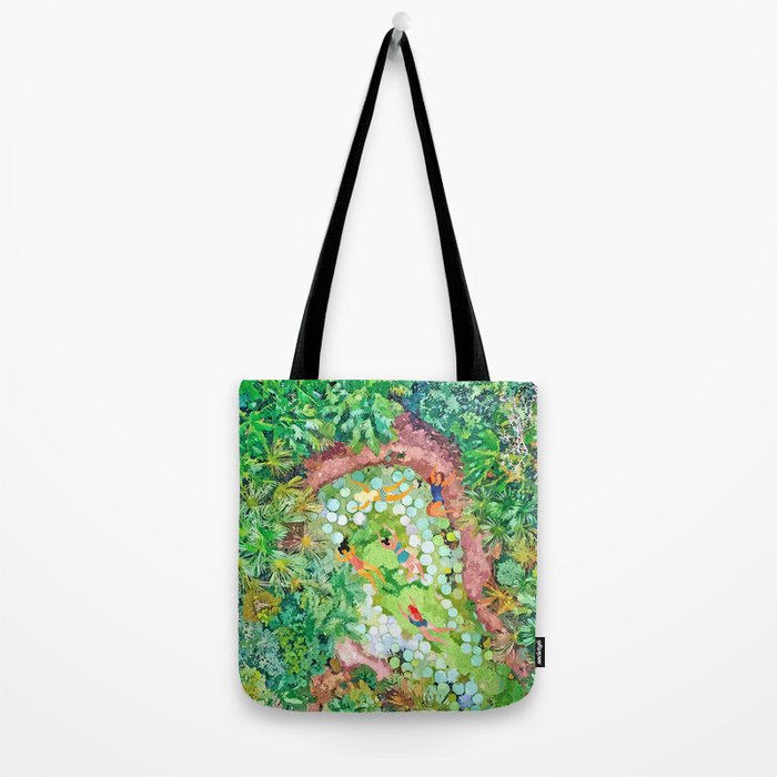 Tropical Vacay | Rainforest Jungle Botanical Lush Nature | Summer Lake People Swim | Boho Painting Tote Bag Gallery Image 2