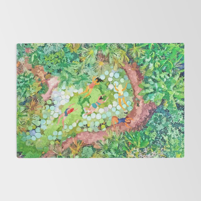 Tropical Vacay | Rainforest Jungle Botanical Lush Nature | Summer Lake People Swim | Boho Painting Rug Gallery Image 2