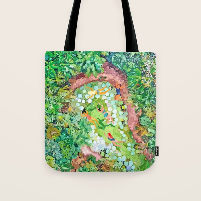 Tropical Vacay | Rainforest Jungle Botanical Lush Nature | Summer Lake People Swim | Boho Painting Tote Bag Gallery Image 1
