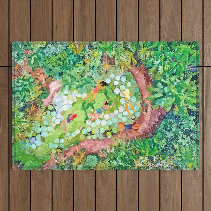 Tropical Vacay | Rainforest Jungle Botanical Lush Nature | Summer Lake People Swim | Boho Painting Outdoor Rug Gallery Image 1