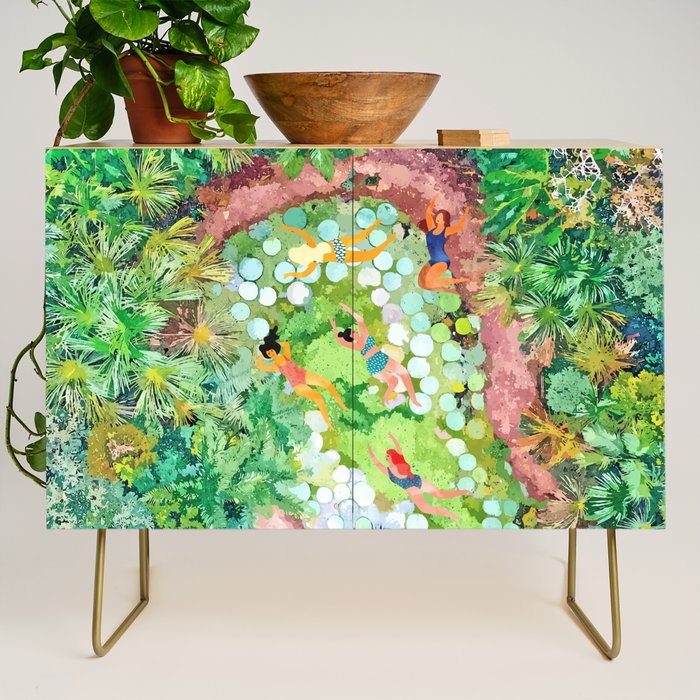 Tropical Vacay | Rainforest Jungle Botanical Lush Nature | Summer Lake People Swim | Boho Painting Credenza Gallery Image 1