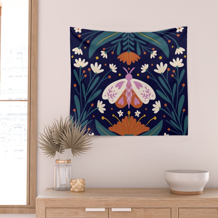 Folk Moth - orange and cream Wall Tapestry Gallery Image 2