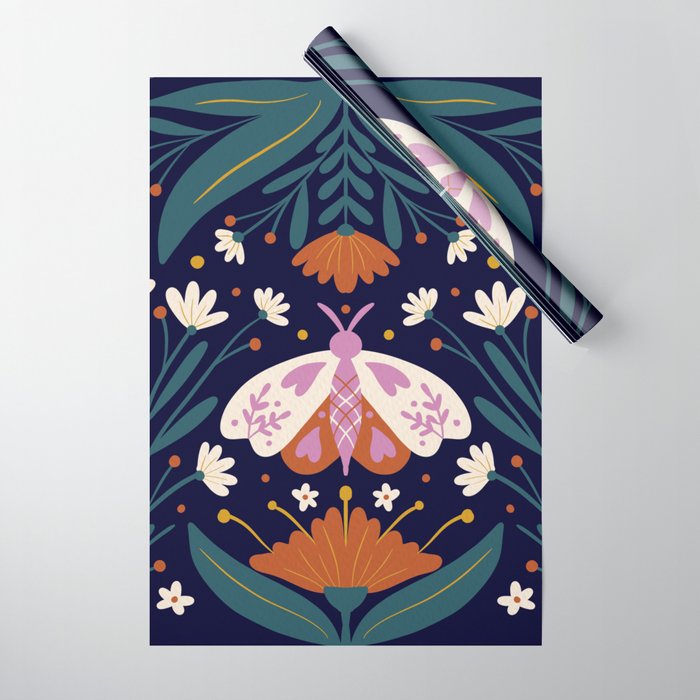 Folk Moth - orange and cream Wrapping Paper Gallery Image 1