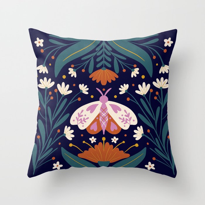 Folk Moth - orange and cream Throw Pillow