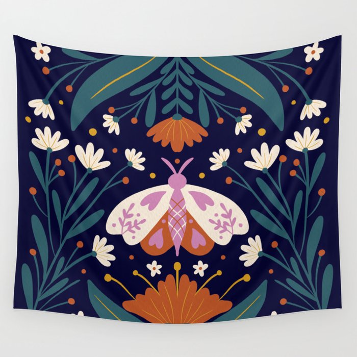 Folk Moth - orange and cream Wall Tapestry