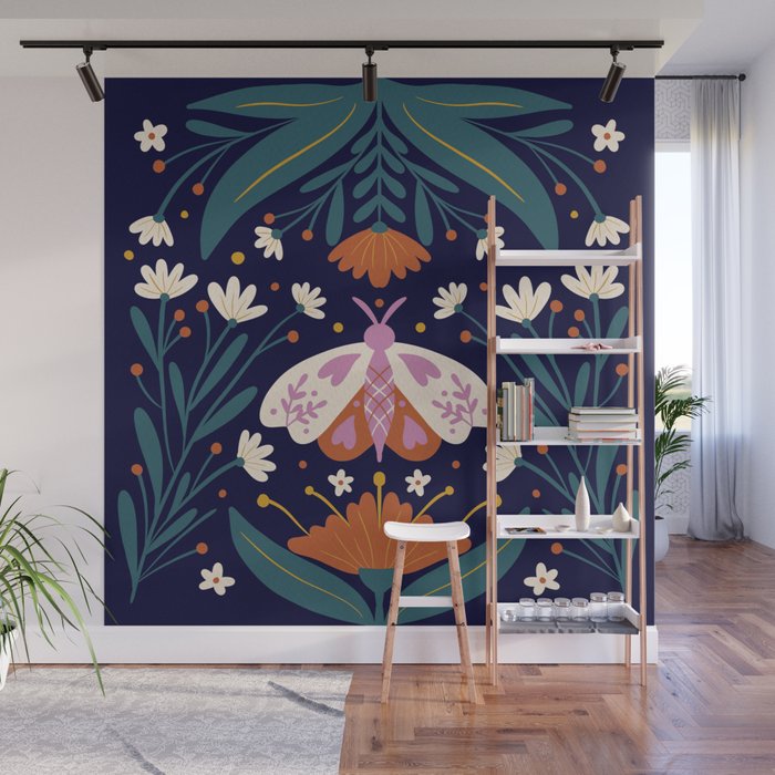 Folk Moth - orange and cream Wall Mural Gallery Image 1
