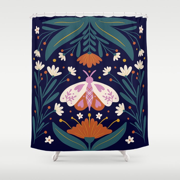 Folk Moth - orange and cream Shower Curtain Gallery Image 1