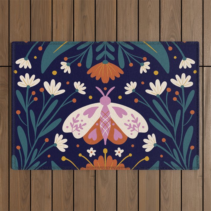 Folk Moth - orange and cream Outdoor Rug