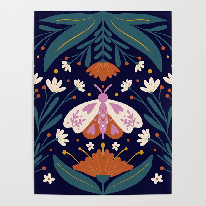Folk Moth - orange and cream Poster
