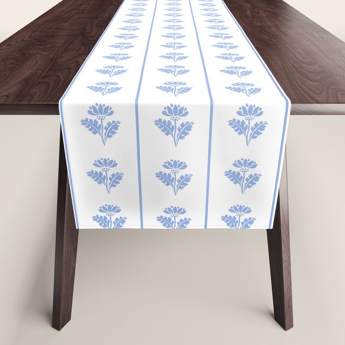 Cozy Vintage Cottage Flowers and Stripes Pattern in Light Blue and White Table Runner Gallery Image 1