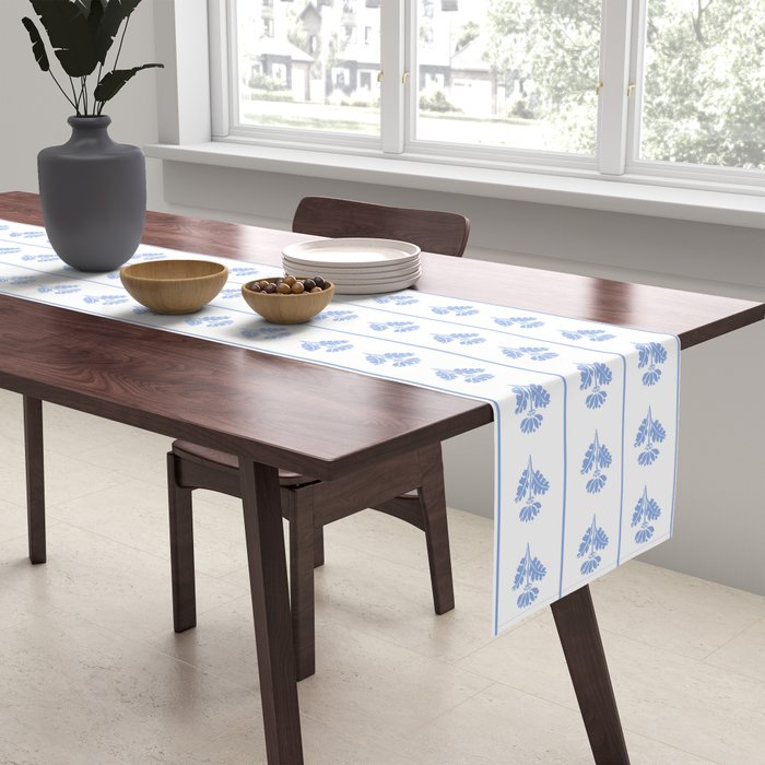 Cozy Vintage Cottage Flowers and Stripes Pattern in Light Blue and White Table Runner Gallery Image 2
