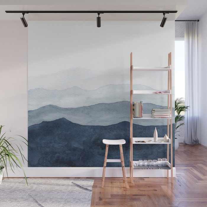 Indigo Abstract Watercolor Mountains Wall Mural Gallery Image 1