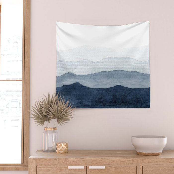 Indigo Abstract Watercolor Mountains Wall Tapestry Gallery Image 2