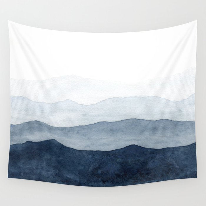 Indigo Abstract Watercolor Mountains Wall Tapestry Gallery Image 4