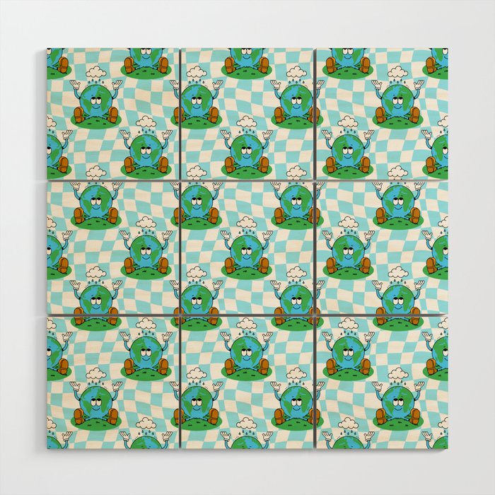 Retro earth planet cartoon pattern Wood Wall Art Gallery Image 1