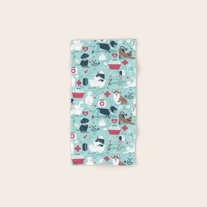 Veterinary medicine, happy and healthy friends // aqua background Bath Towel Gallery Image 1