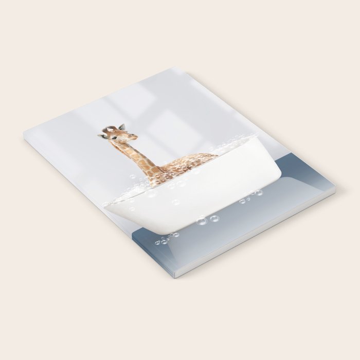 Baby Giraffe in a Bathtub Blue BG, Giraffe Taking a Bath, Bathtub Animal Art Print By Synplus Notebook Gallery Image 1