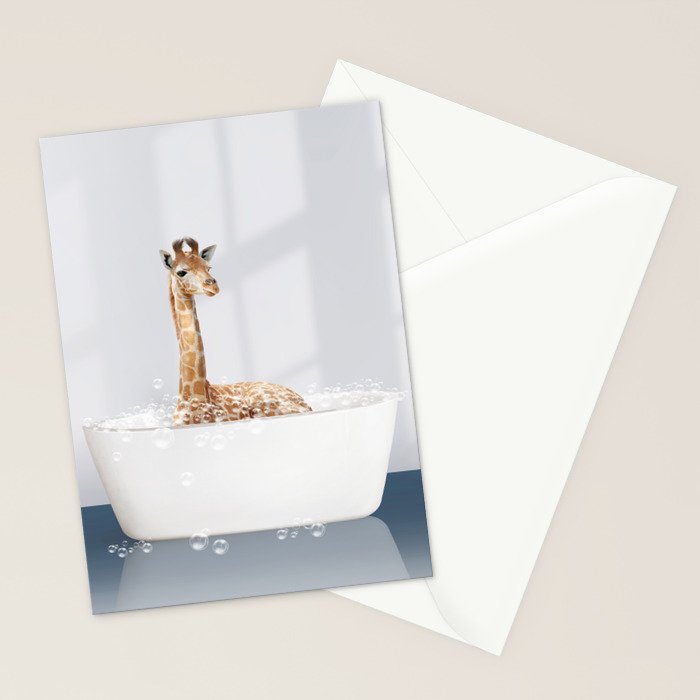 Baby Giraffe in a Bathtub Blue BG, Giraffe Taking a Bath, Bathtub Animal Art Print By Synplus Stationery Card Gallery Image 2