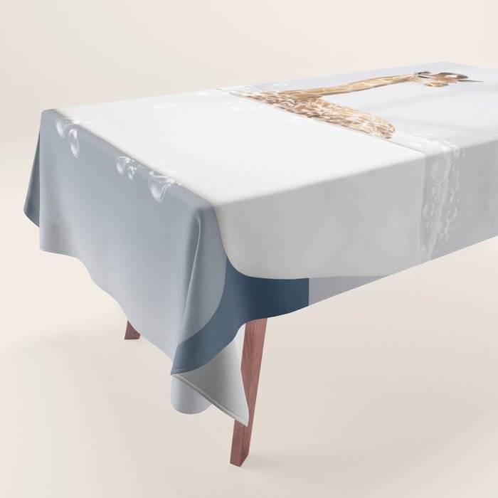 Baby Giraffe in a Bathtub Blue BG, Giraffe Taking a Bath, Bathtub Animal Art Print By Synplus Tablecloth Gallery Image 1