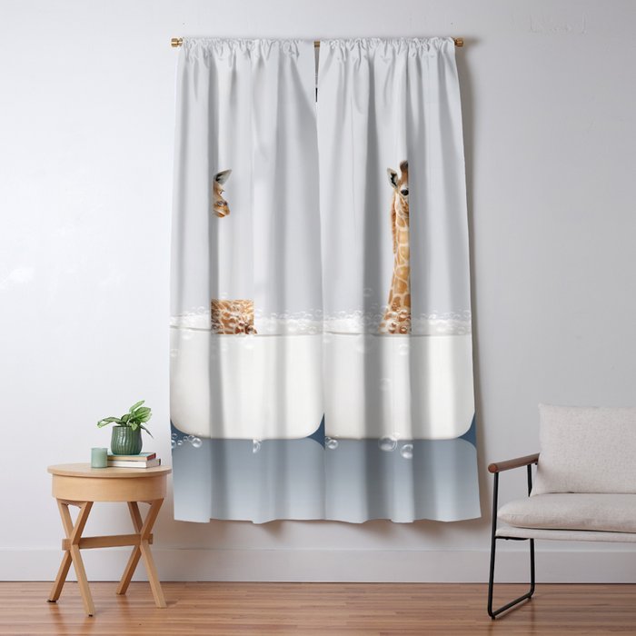 Baby Giraffe in a Bathtub Blue BG, Giraffe Taking a Bath, Bathtub Animal Art Print By Synplus Window Curtain Gallery Image 1