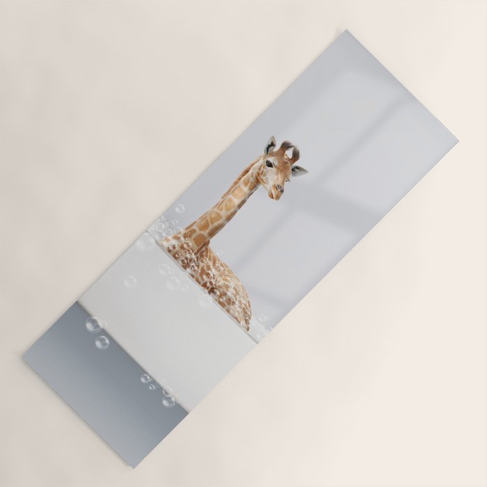 Baby Giraffe in a Bathtub Blue BG, Giraffe Taking a Bath, Bathtub Animal Art Print By Synplus Yoga Mat Gallery Image 1
