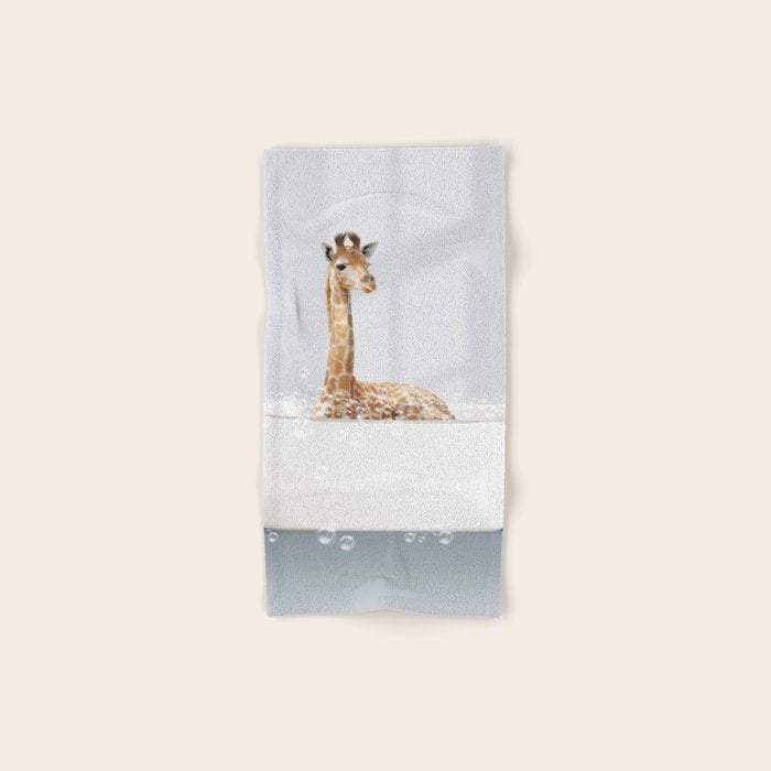 Baby Giraffe in a Bathtub Blue BG, Giraffe Taking a Bath, Bathtub Animal Art Print By Synplus Bath Towel Gallery Image 1