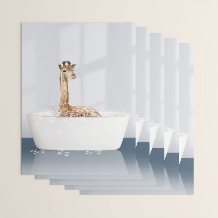 Baby Giraffe in a Bathtub Blue BG, Giraffe Taking a Bath, Bathtub Animal Art Print By Synplus Wrapping Paper Gallery Image 3