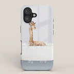 Baby Giraffe in a Bathtub Blue BG, Giraffe Taking a Bath, Bathtub Animal Art Print By Synplus iPhone Case Gallery Image 1