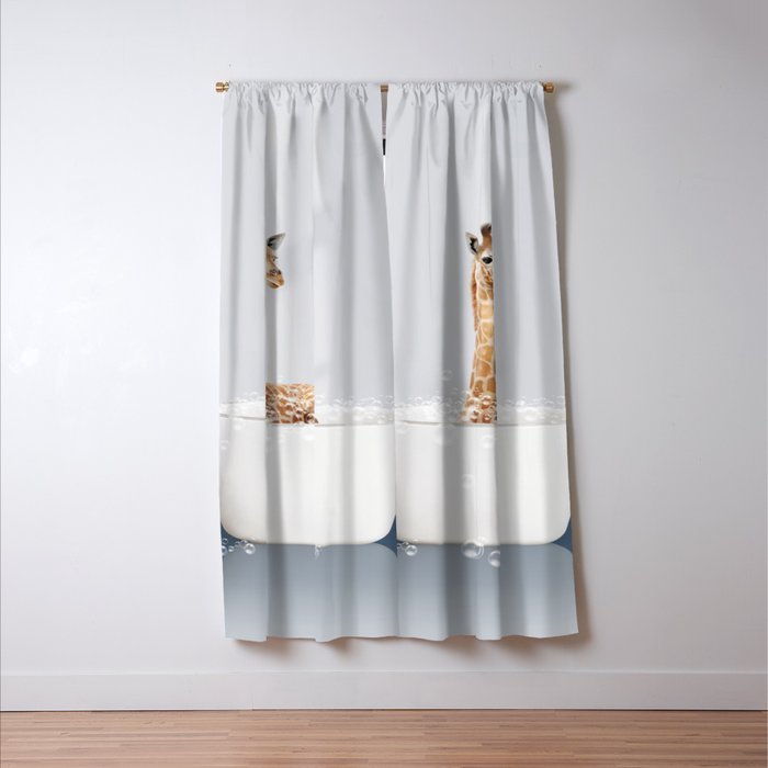 Baby Giraffe in a Bathtub Blue BG, Giraffe Taking a Bath, Bathtub Animal Art Print By Synplus Window Curtain Gallery Image 3