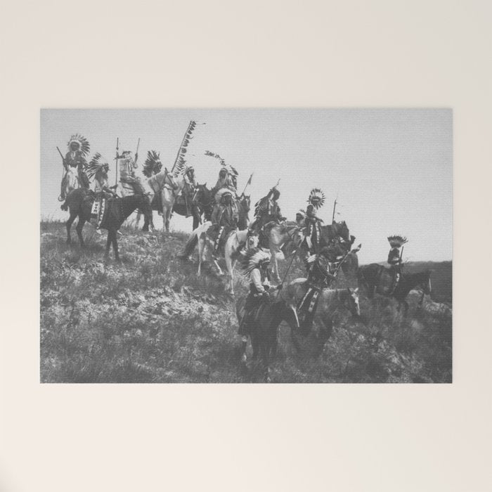 Oglala War Party Native American Oglala tribe in full headdress black and white photograph Welcome Mat Gallery Image 1
