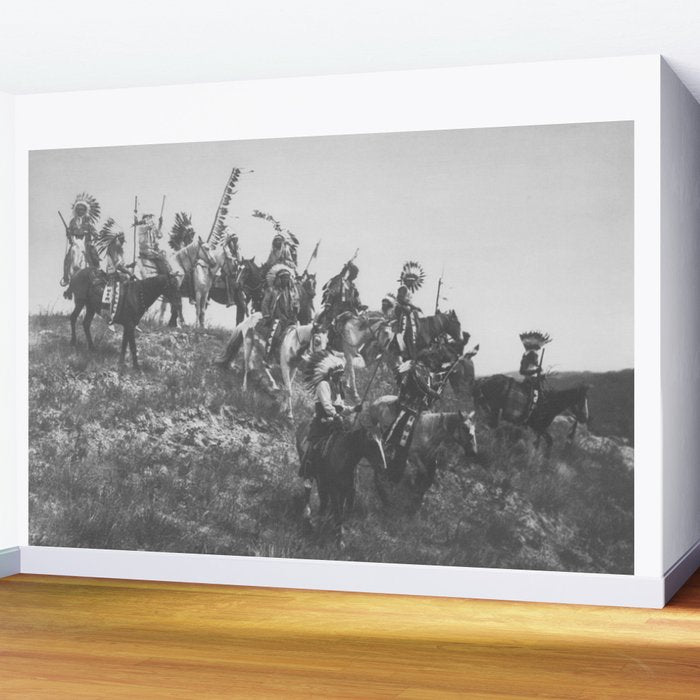 Oglala War Party Native American Oglala tribe in full headdress black and white photograph Wall Mural Gallery Image 2