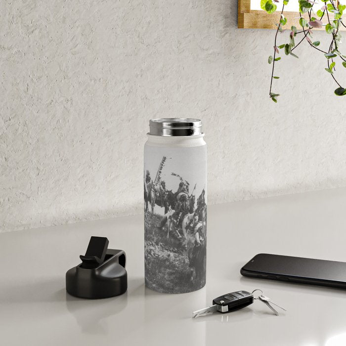Oglala War Party Native American Oglala tribe in full headdress black and white photograph Water Bottle Gallery Image 4